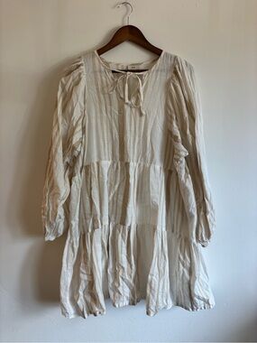 Boho Tiered Tie-Neck Long Sleeve Dress in Light Cream